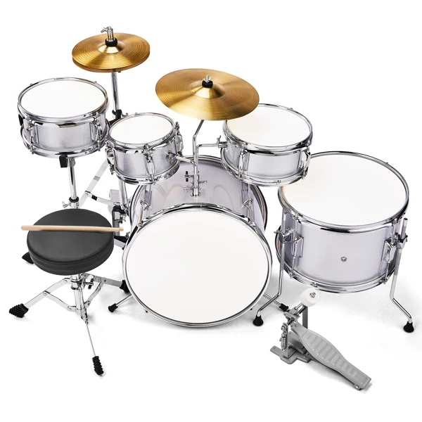 14"x10" 5-Pieces Junior Kids Drum Set Kit Pedal Drum Stick Wrench Drum Stool Silver view 2