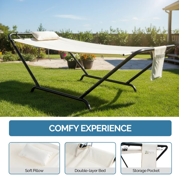 Freestanding Hammock with Stand, 600LBS Heavy Duty Outdoor Hammock Bed with Soft Pillow & Storage Bag, Beige view 4