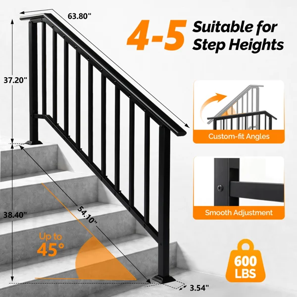 Handrails for Outdoor Steps Fits 4 to 5 Steps view 4