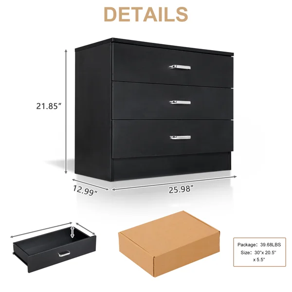 3-Drawer P2 Particleboard Bedside Table with Melamine Finish Drawer Cabinet Lockers 25.98*12.99*22.05in White =61558050 view 3