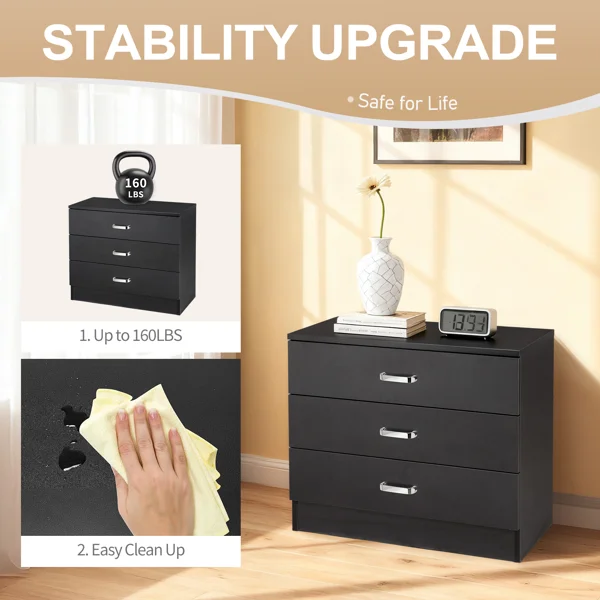 3-Drawer P2 Particleboard Bedside Table with Melamine Finish Drawer Cabinet Lockers 25.98*12.99*22.05in White =61558050 view 4