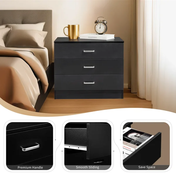 3-Drawer P2 Particleboard Bedside Table with Melamine Finish Drawer Cabinet Lockers 25.98*12.99*22.05in White =61558050 view 5