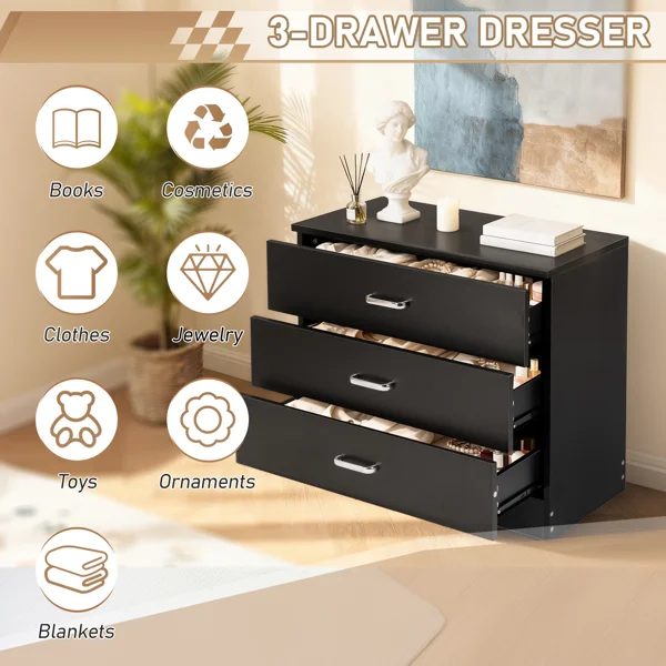 3-Drawer P2 Particleboard Bedside Table with Melamine Finish Drawer Cabinet Lockers 25.98*12.99*22.05in White =61558050 view 6