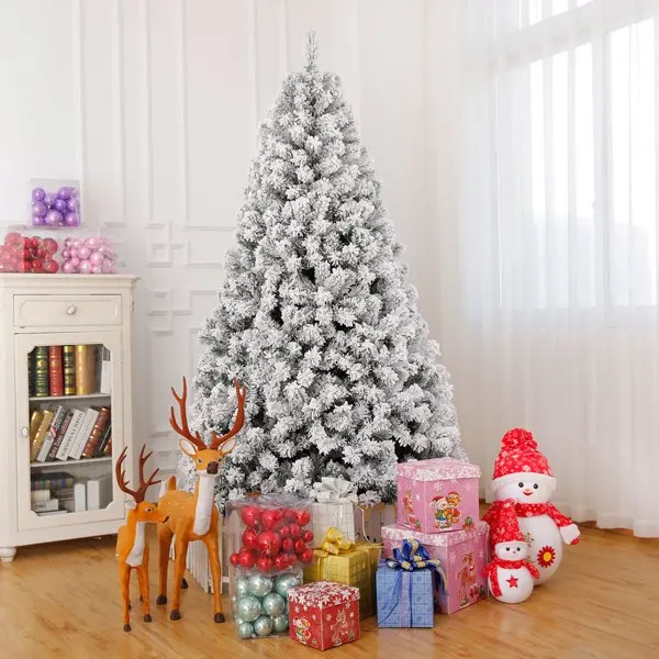 7 FT Pre-lit Snow Flocked Christmas Tree, Artificial Hinged Xmas Pine Tree with 1000 Branch Tips, 400 Lights and Remote Control for Holiday Party Office Home, Snowy Green