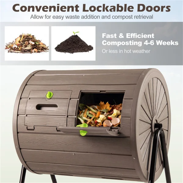Dual Chamber Compost Tumbler 37.5Gal 360° Rotating Compost Bin with Stirring Blades for Garden-Coffee view 6