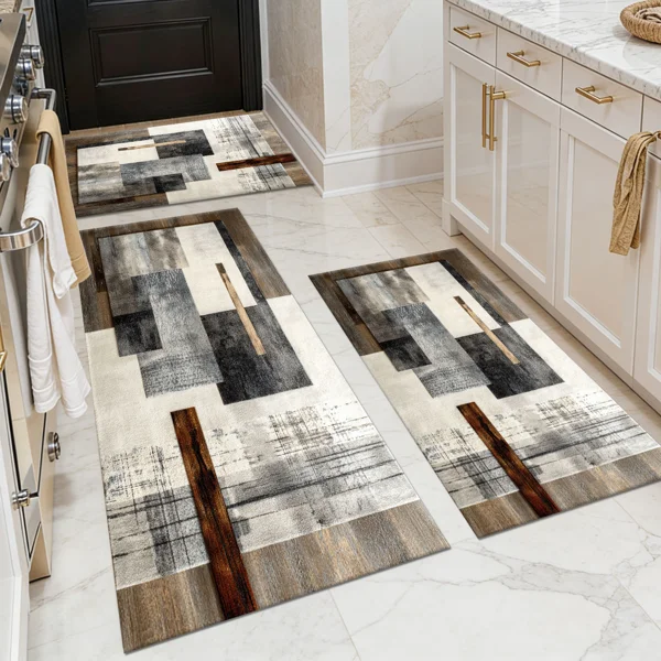 Three-piece kitchen rug set, non-slip and washable, abstract pattern kitchen hallway rug, soft and comfortable, suitable for sinks, floors, entrances, hallways and bathrooms.