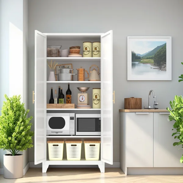 71'' 2 Shapely Doors Cabinet, Metal Storage Cabinet with Doors and Adjustable Shelves, for Bedroom, Living Room, Kitchen(White)-Does not support self pick up view 5