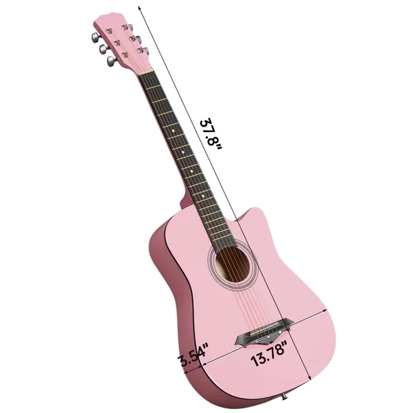 Matte Pink 38-inch Acoustic Guitar with Picks, Strings, Capo, Case, Tuner, and Strap view 3