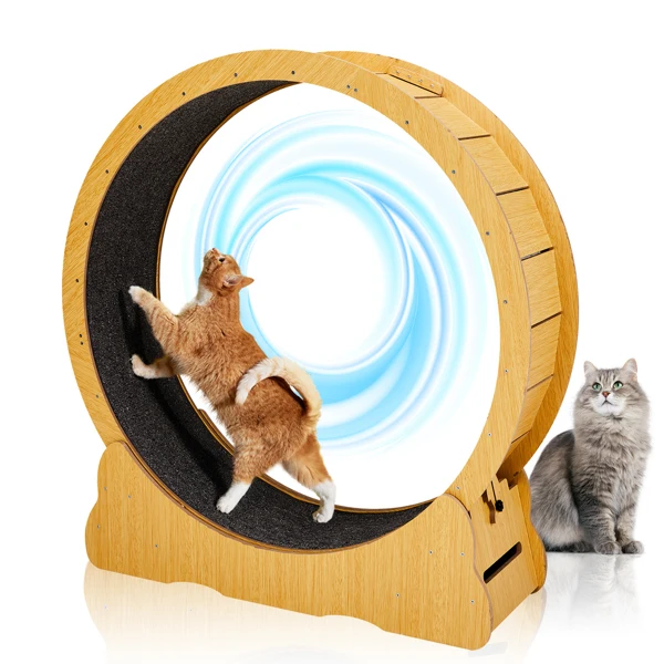 Cat Wheel Exerciser for Indoor Cats, 39.4-inch Large Cat Exercise Wheel for Running Silent, Cat Treadmill with Safety Lock for Cat's Fitness and Health, Natural Wood