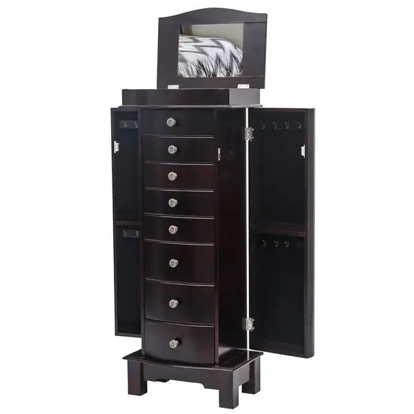 Jewelry Armoire with Mirror, 8 Drawers & 16 Necklace Hooks, 2 Side Swing Doors (Brown) view 5
