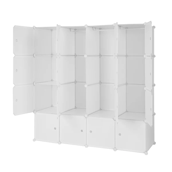 4-layer 16 Cube Organizer Stackable Plastic Cube Storage, Plastic + Steel Wire with 3 Clothes Rails, Free to Assemble, White view 6