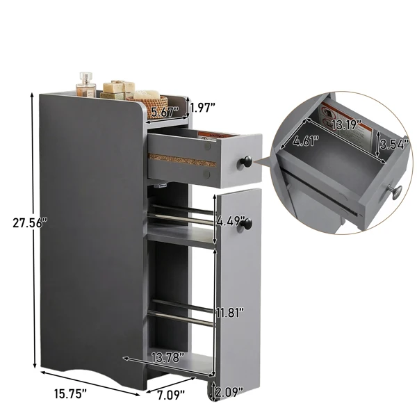 Gray particleboard with melamine veneer, 18*40*70cm, two-drawer, one-panel low cabinet with wheels and movable pull-out shelf, bathroom vanity view 5