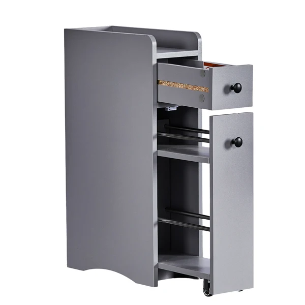 Gray particleboard with melamine veneer, 18*40*70cm, two-drawer, one-panel low cabinet with wheels and movable pull-out shelf, bathroom vanity view 6