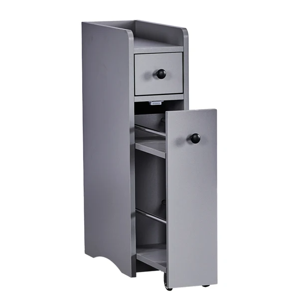 Gray particleboard with melamine veneer, 18*40*70cm, two-drawer, one-panel low cabinet with wheels and movable pull-out shelf, bathroom vanity