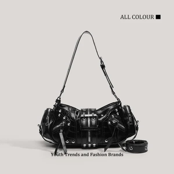 Retro motorcycle style cylindrical crossbody bag, shiny leather multi zipper rivet handbag, millennium Gothic street style daily party mini shoulder bag view 3