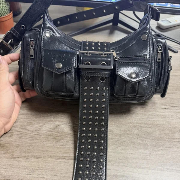 Retro motorcycle style cylindrical crossbody bag, shiny leather multi zipper rivet handbag, millennium Gothic street style daily party mini shoulder bag view 4