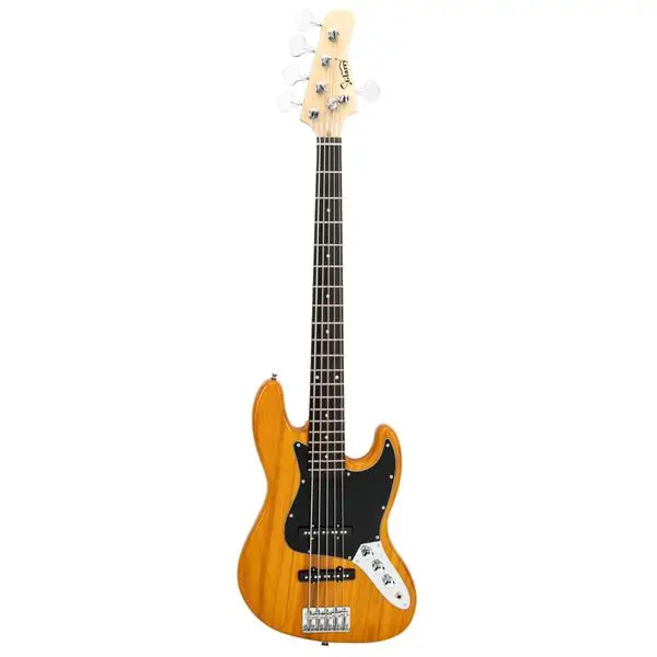Gjazz Electric 5 String Bass Guitar Full Size Bag Strap Pick Connector Wrench Tool Transparent Yellow