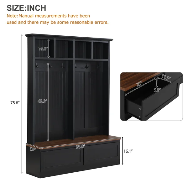Farmhouse 4-in-1 Hall Tree with Wood Grain Bench, Mudroom Versatile Coat Rack with 2 Large Drawer, Entrance Organizer for Hallway, Living Room, Black, 55.9"W view 4