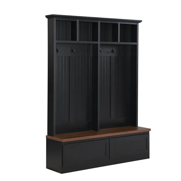 Farmhouse 4-in-1 Hall Tree with Wood Grain Bench, Mudroom Versatile Coat Rack with 2 Large Drawer, Entrance Organizer for Hallway, Living Room, Black, 55.9"W view 6