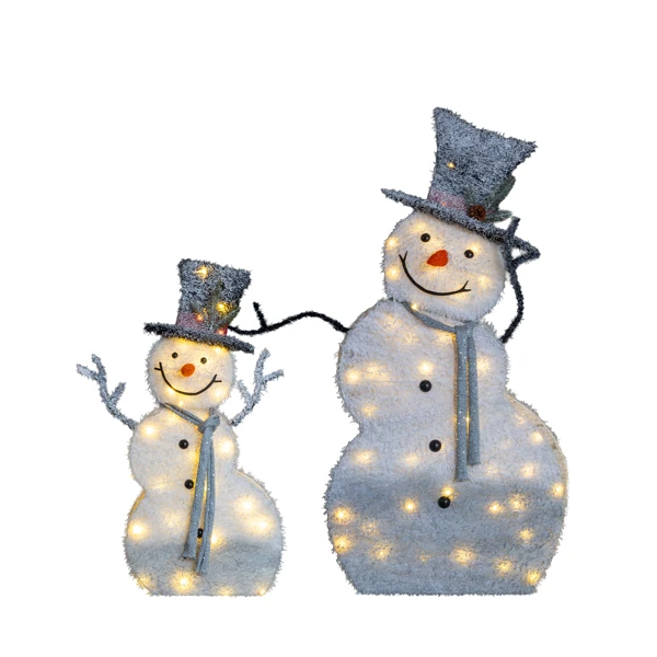 Set of 2 Lighted Snowman with Top Hat Christmas Decorations, Pre-lit 2D Holiday Decor with 80 Warm White LED Lights for Xmas Outdoor Indoor Decor Lighted Holiday Displays view 2