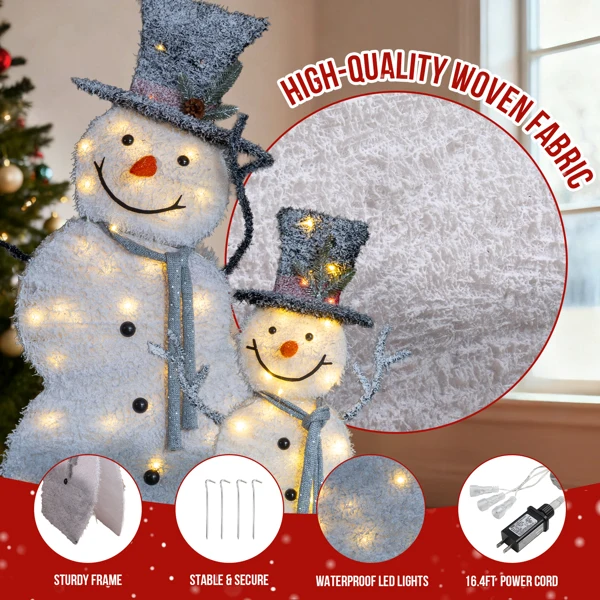 Set of 2 Lighted Snowman with Top Hat Christmas Decorations, Pre-lit 2D Holiday Decor with 80 Warm White LED Lights for Xmas Outdoor Indoor Decor Lighted Holiday Displays view 5