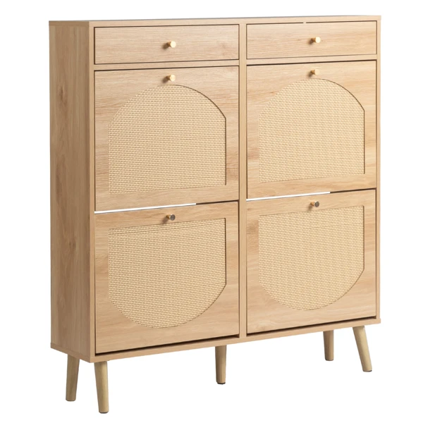 Rattan-front shoe cabinet with 2 drawers and 4 flip-down compartments, made of particleboard, 105*24*110cm, natural wood color view 2