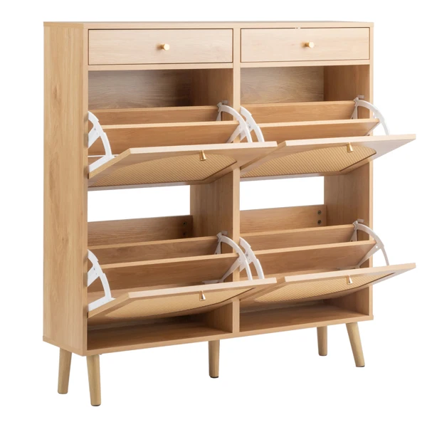 Rattan-front shoe cabinet with 2 drawers and 4 flip-down compartments, made of particleboard, 105*24*110cm, natural wood color view 3