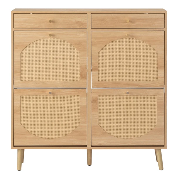 Rattan-front shoe cabinet with 2 drawers and 4 flip-down compartments, made of particleboard, 105*24*110cm, natural wood color view 5