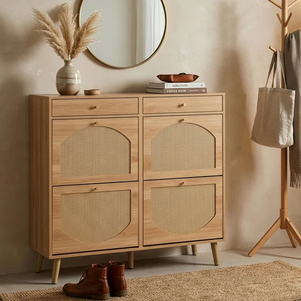 Rattan-front shoe cabinet with 2 drawers and 4 flip-down compartments, made of particleboard, 105*24*110cm, natural wood color view 6