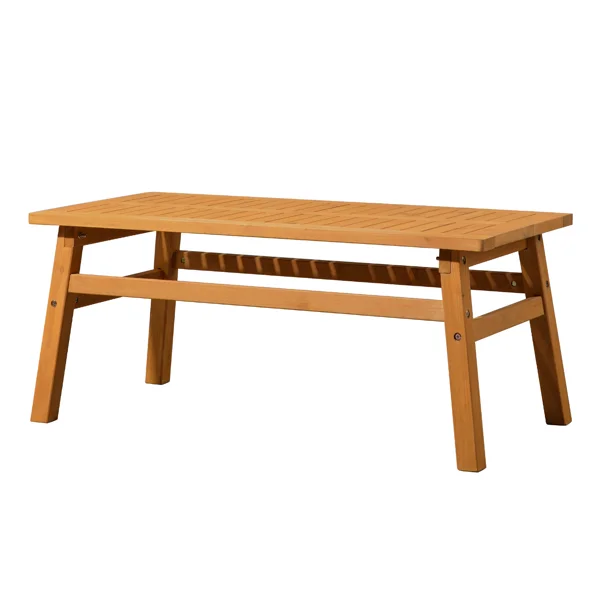 Outdoor Wood Coffee Table, 42" Farmhouse Side Table for Patio, Solid Cedar Wood Accent Table with Slatted Tabletop for Garden Poolside Lawn Living Room, Teak Wood Finish