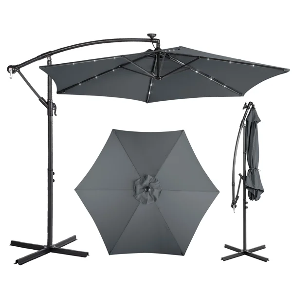 10FT Round Banana Hanging Patio Umbrella with 18 LED Lights, 6 Iron Ribs, Iron Straight & Curved Pole, Waterproof Polyester Canopy, with Stand Sleeve and Cross Base, Gray