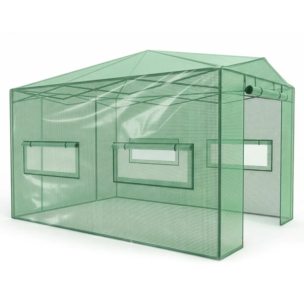 8*12ft Plastic Sprayed Iron Pipe PE Mesh Foldable Greenhouse Shed Green view 4
