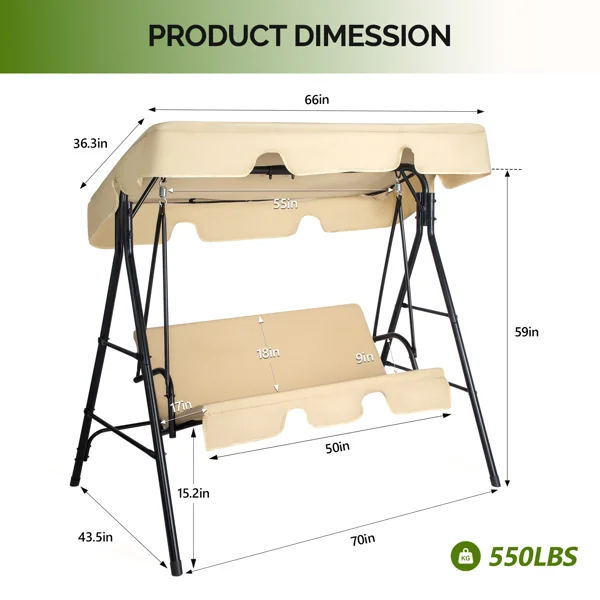 68*43*60 inch Khaki KD Model with Cushion Canopy Iron Oxford Fabric 250kg Iron Swing Set view 3