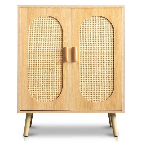 Modern Rattan Shoe Storage Cabinet with Double Doors and Adjustable Shelves, Accent Cabinet for Living Room, Bedroom, Hallway view 2