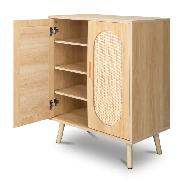 Modern Rattan Shoe Storage Cabinet with Double Doors and Adjustable Shelves, Accent Cabinet for Living Room, Bedroom, Hallway view 6