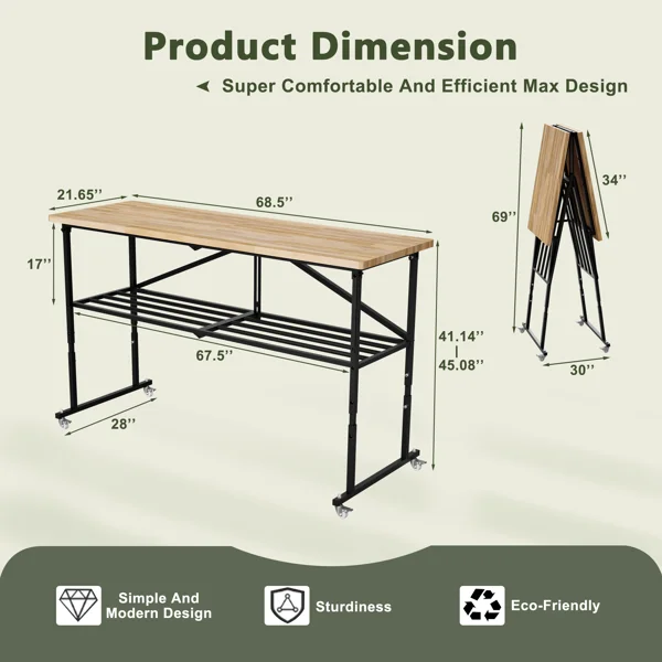 Foldable Hardwood Workbench Adjustable Wood-Top Utility Table with Locking Casters view 2
