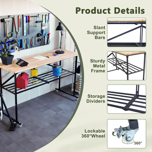 Foldable Hardwood Workbench Adjustable Wood-Top Utility Table with Locking Casters view 4
