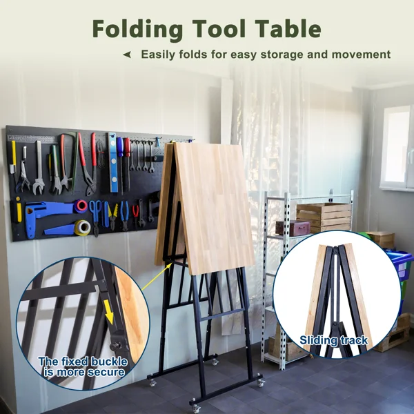 Foldable Hardwood Workbench Adjustable Wood-Top Utility Table with Locking Casters view 6