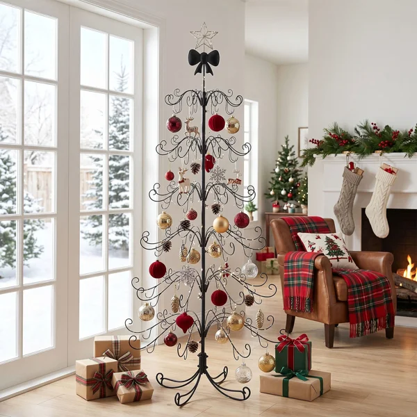 6ft Black PVC Metal Artificial Christmas Tree with Bow Topper, No Extra Ornaments, Daily Decor Tree view 5