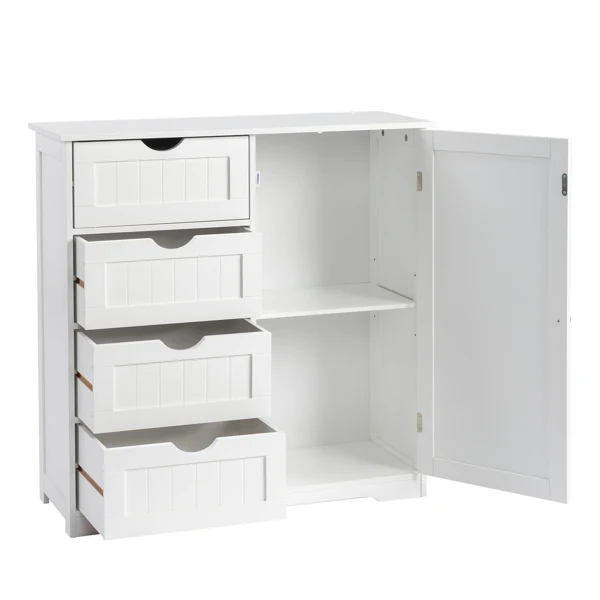 White MDF with paint finish + melamine veneer on particleboard, vertical stripes, 80*30*80cm, 4 drawers, 1 door, bathroom vanity view 2