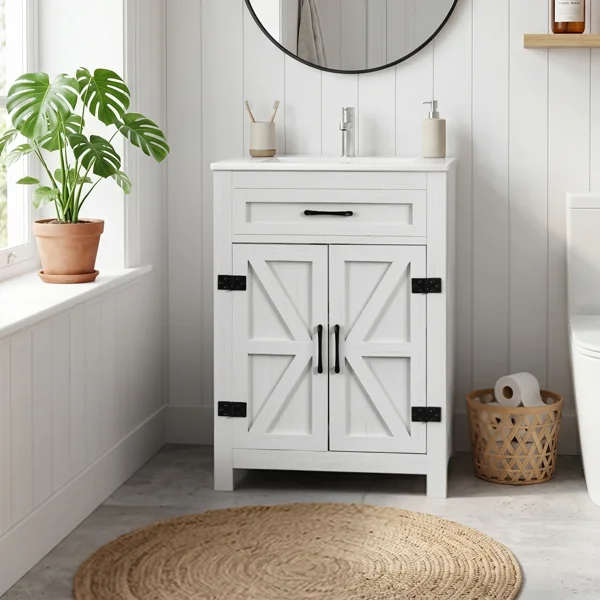 Washed white particleboard with melamine veneer, barn double door with U-shaped internal shelves, washbasin cabinet, 61*47*85cm (24 inches)