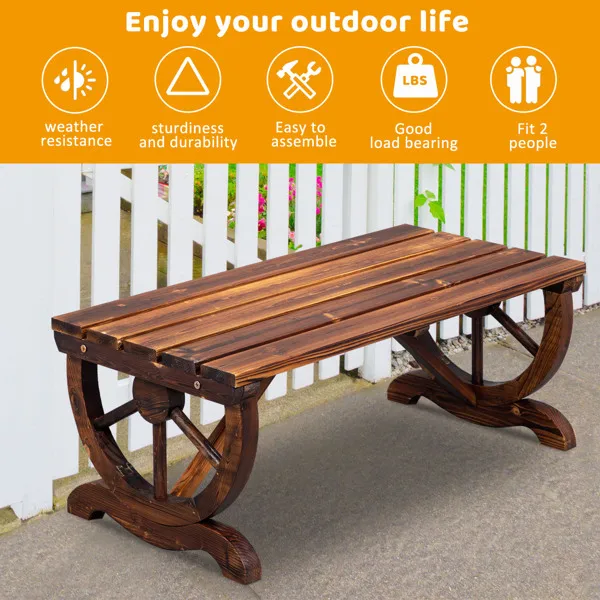 2-Person Rustic Garden Bench, Outdoor Wagon Wheel Porch Bench for Backyard Patio Garden, Brown view 2