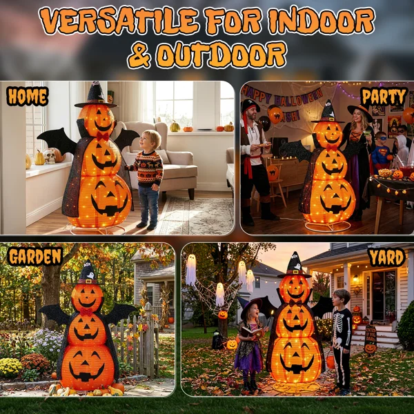 5ft Orange 3-Tier Retractable Fabric Pumpkin Halloween Light Decor with Cape & Wings, 130 Warm White LED String Lights, 4.5V 3.6W view 5