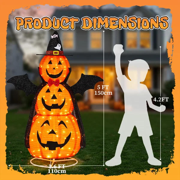 5ft Orange 3-Tier Retractable Fabric Pumpkin Halloween Light Decor with Cape & Wings, 130 Warm White LED String Lights, 4.5V 3.6W view 6