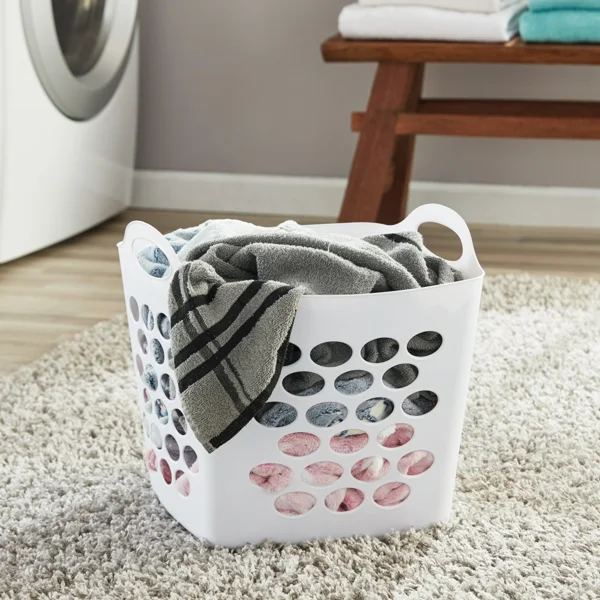(4 pack)Plastic Laundry Hamper, Flexible Square, Breathable with Handles, White view 6