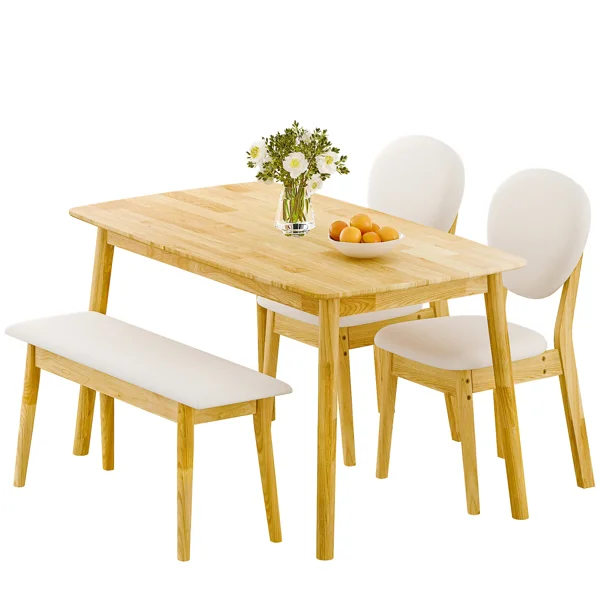 1 Table 2 Chairs 1 Bench Dining Set, Rubber Wood Frame with Beige Upholstered Seats, Natural Wood Finish Rectangular Kitchen Dining Furniture