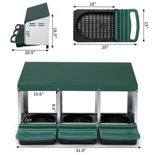3 Compartment Roll Out Chicken Nesting Box with Plastic Basket, Egg Nest Box Chicken Laying Box Hens Chicken Coop Box, Green view 4