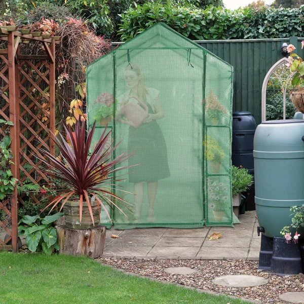 143x143x195cm Black Iron Pipe Steeple With 8 Pieces Grid Flower Stand With Zipper Rolling Door PE Cloth Greenhouse view 4