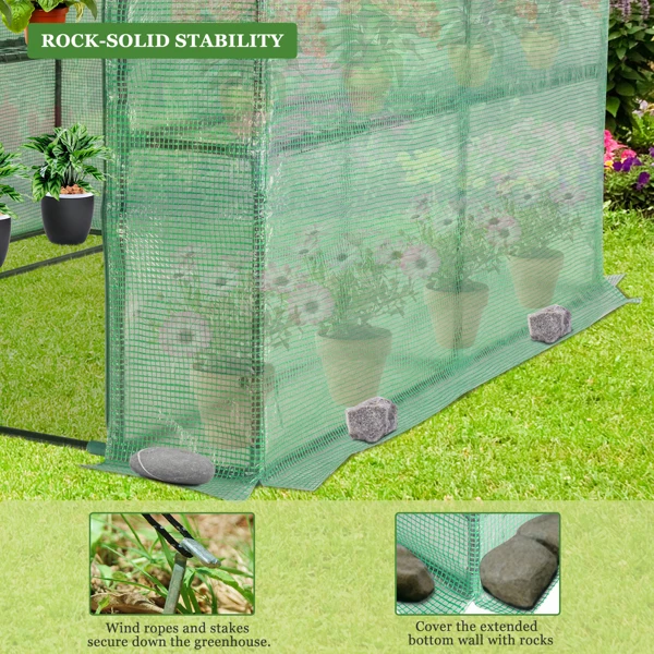 143x143x195cm Black Iron Pipe Steeple With 8 Pieces Grid Flower Stand With Zipper Rolling Door PE Cloth Greenhouse view 6