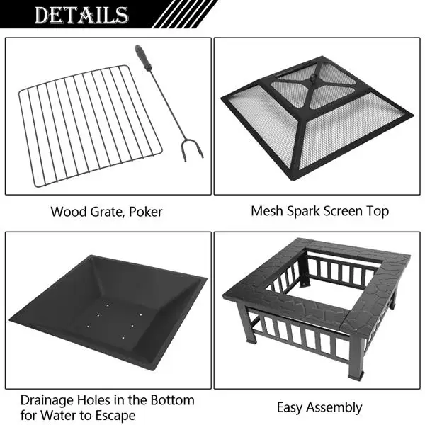 Portable Courtyard Metal Fire Pit with Accessories Black view 6